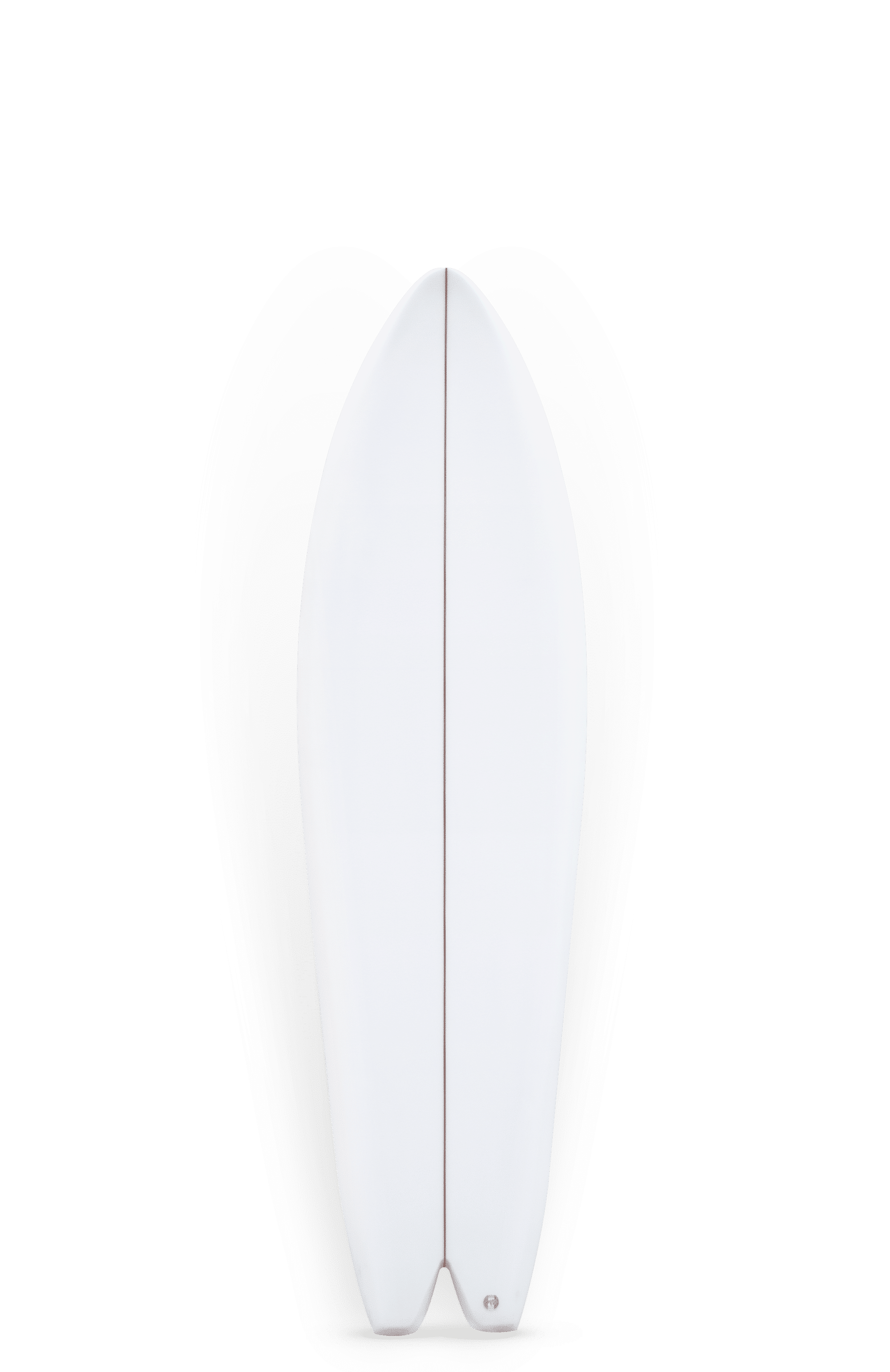 Shapers-Club- A modern white Spoon fish surfboard (6'6" x 21' 1/2" x 2' 5/8") with a unique split-tail design stands tall against a plain background, highlighting its elegant shape and smooth surface with minimal markings for clean, symmetrical dimensions. -surfshop-surfboard