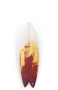 Shapers-Club- The Twin Fish 5'8" board features a fiery abstract design in red, orange and yellow on a white base, with a pointed nose, smooth edges and channels inspired by the classic twin fish shape. -surfshop-surfboard