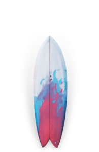 Shapers-Club- The Twin Fish surfboard, measuring 5'9 x 20' 3/4" x 2' 3/4", features a vibrant abstract design with perfectly blended blue, red and white hues. -surfshop-surfboard