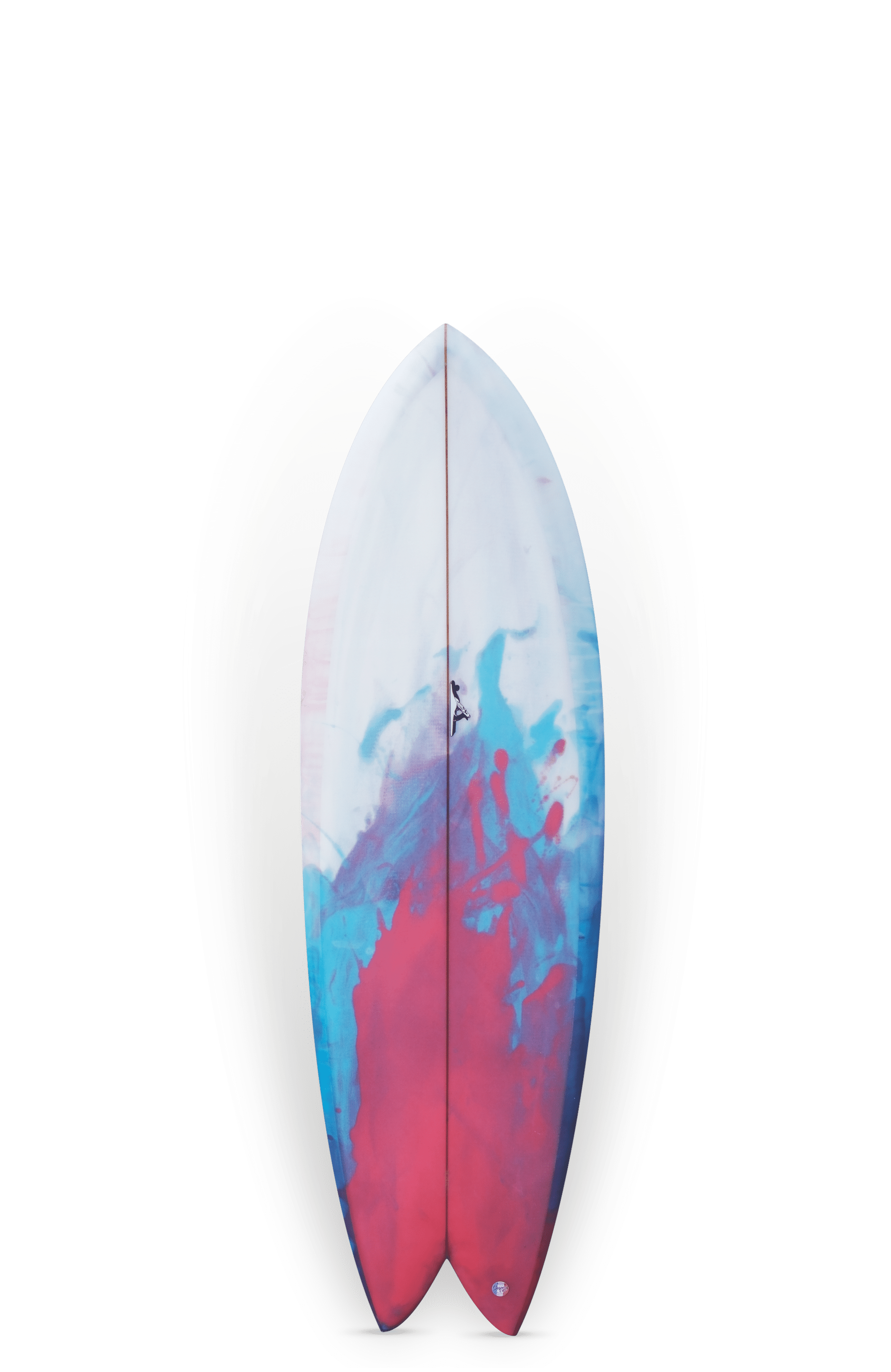 Shapers-Club- The Twin Fish surfboard, measuring 5'9 x 20' 3/4" x 2' 3/4", features a vibrant abstract design with perfectly blended blue, red and white hues. -surfshop-surfboard