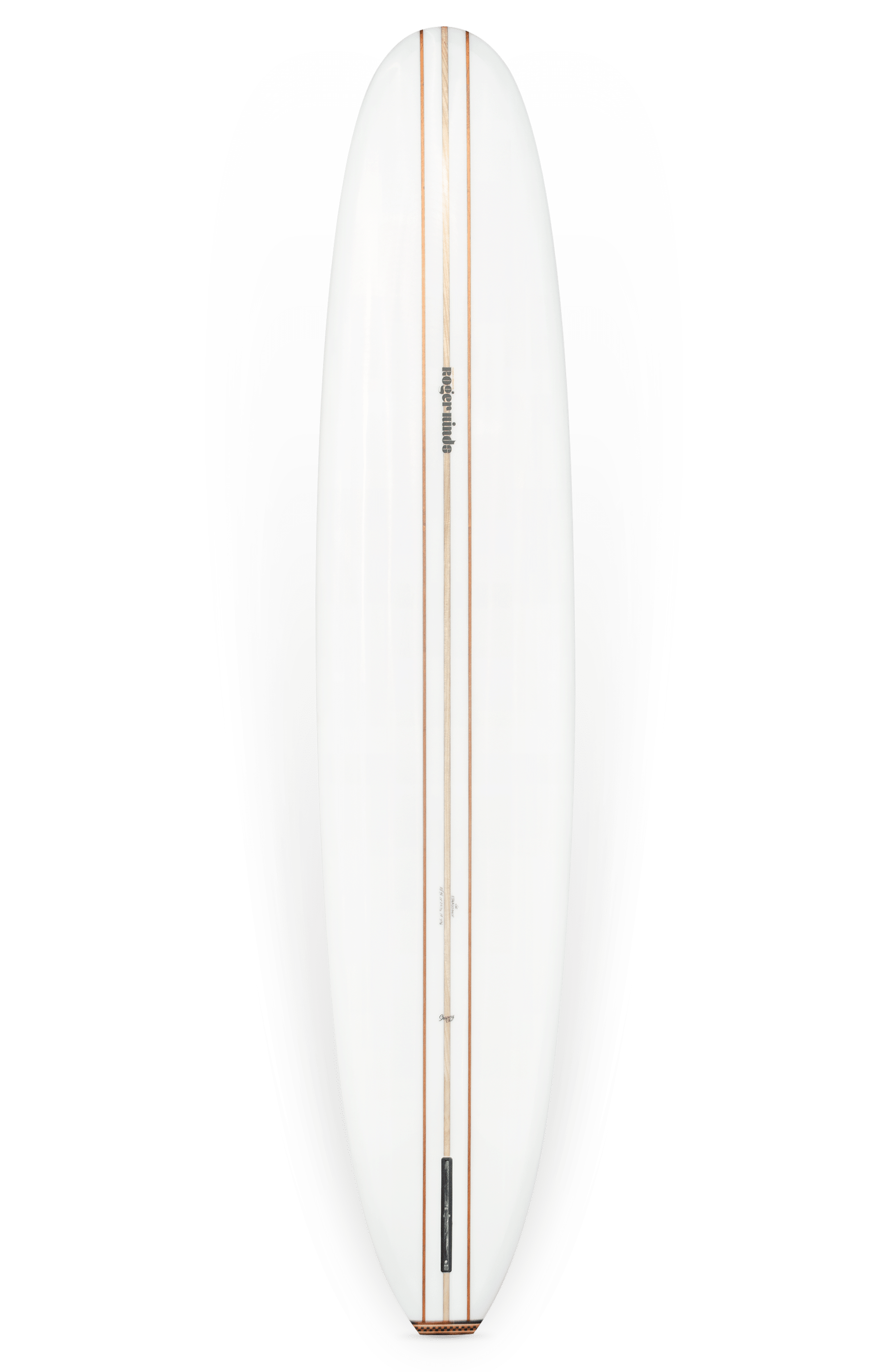 Shapers-Club- La planche de surf Renaissance 9'6" x 23" x 3" présente un design minimaliste blanc avec un longeron central en bois, proche de l'art de la Renaissance. Elle a une queue arrondie et des détails subtils près du longeron lorsqu'elle est vue d'en haut. -surfshop-surfboard