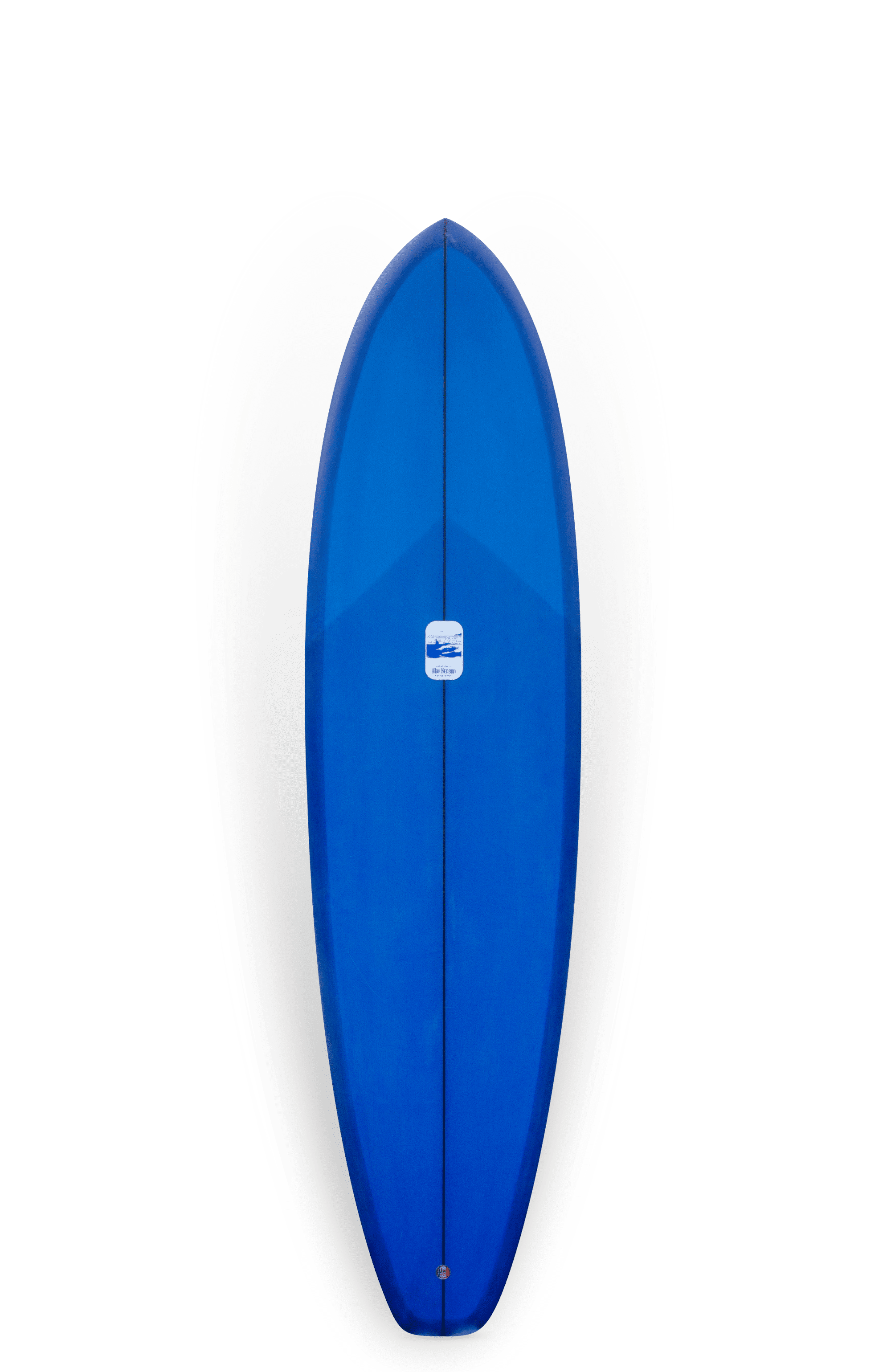 Shapers-Club- The Mind Machine surfboard, in bright blue with a smooth rounded shape and central fin, stands out against a plain white background. Its elegant design and dimensions of 7'2" x 21' 3/4" x 3" promise an exhilarating ride. -surfshop-surfboard