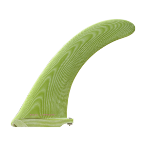 Shapers-Club- A single AK BMT Super Flex V2 9.25 green surfboard fin stands out against a plain background with a textured pattern and curved tip, highlighting its elegant design. -surfshop-surfboard