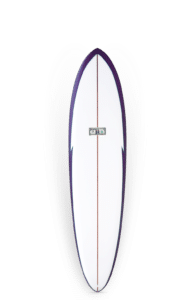 Shapers-Club- The Kimbo Twin surfboard features a sleek, rounded design with a white deck, purple edges and measures 7'2" x 20 1/2" x 3". It features a unique center fin and red rope line. A gradient background highlights its glossy finish, highlighting its impressive dimensions. -surfshop-surfboard