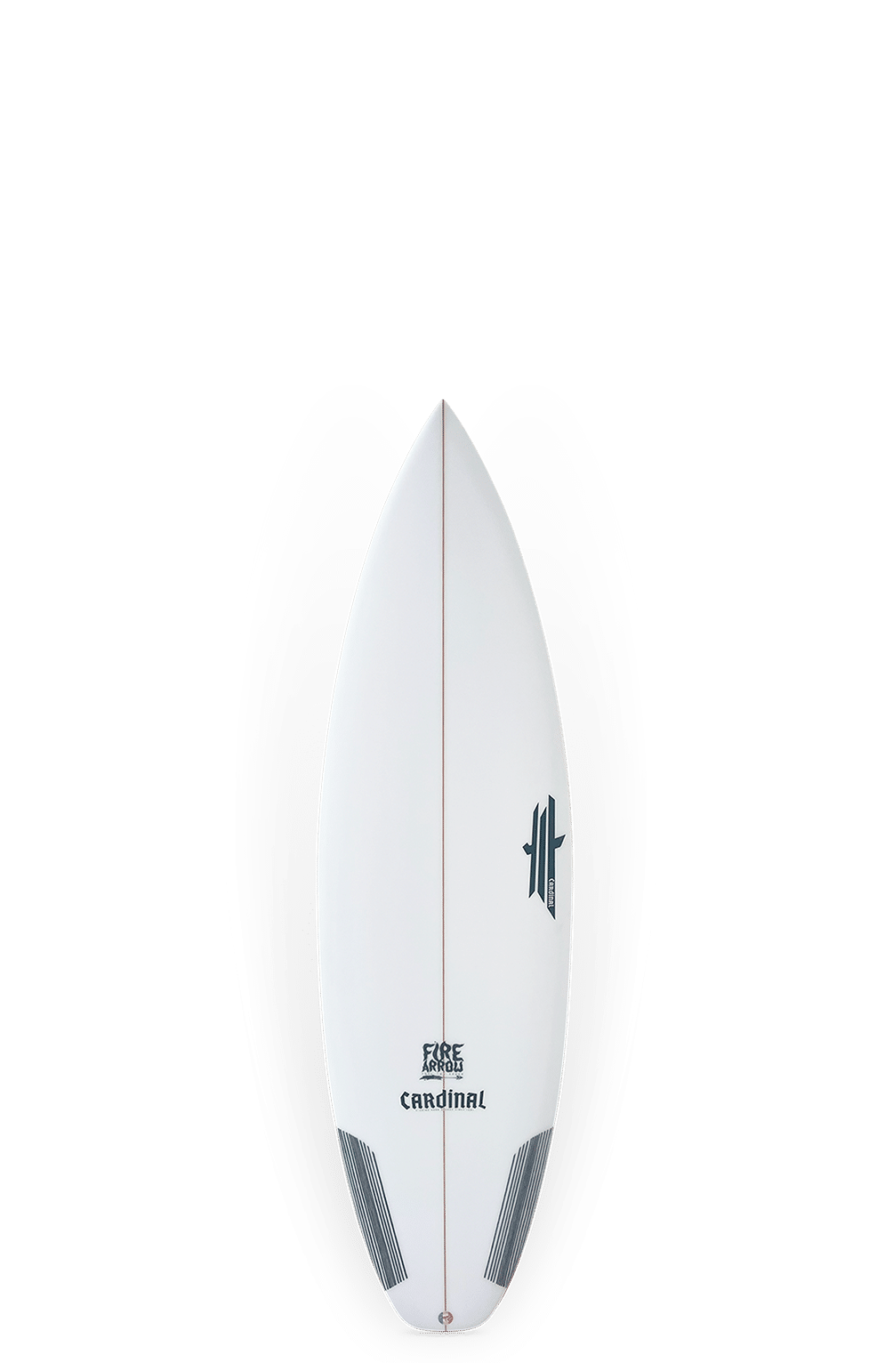 Shapers-Club- Une planche de surf blanche élégante avec des ailerons noirs, arborant la marque « Cardinal » et des motifs Fire Arrow complexes près du centre. La planche profilée, Fire Arrow 5'11 x 19 5/8 x 2 9/16 - 30.5L, est astucieusement positionnée sur un fond gris dégradé. -surfshop-surfboard