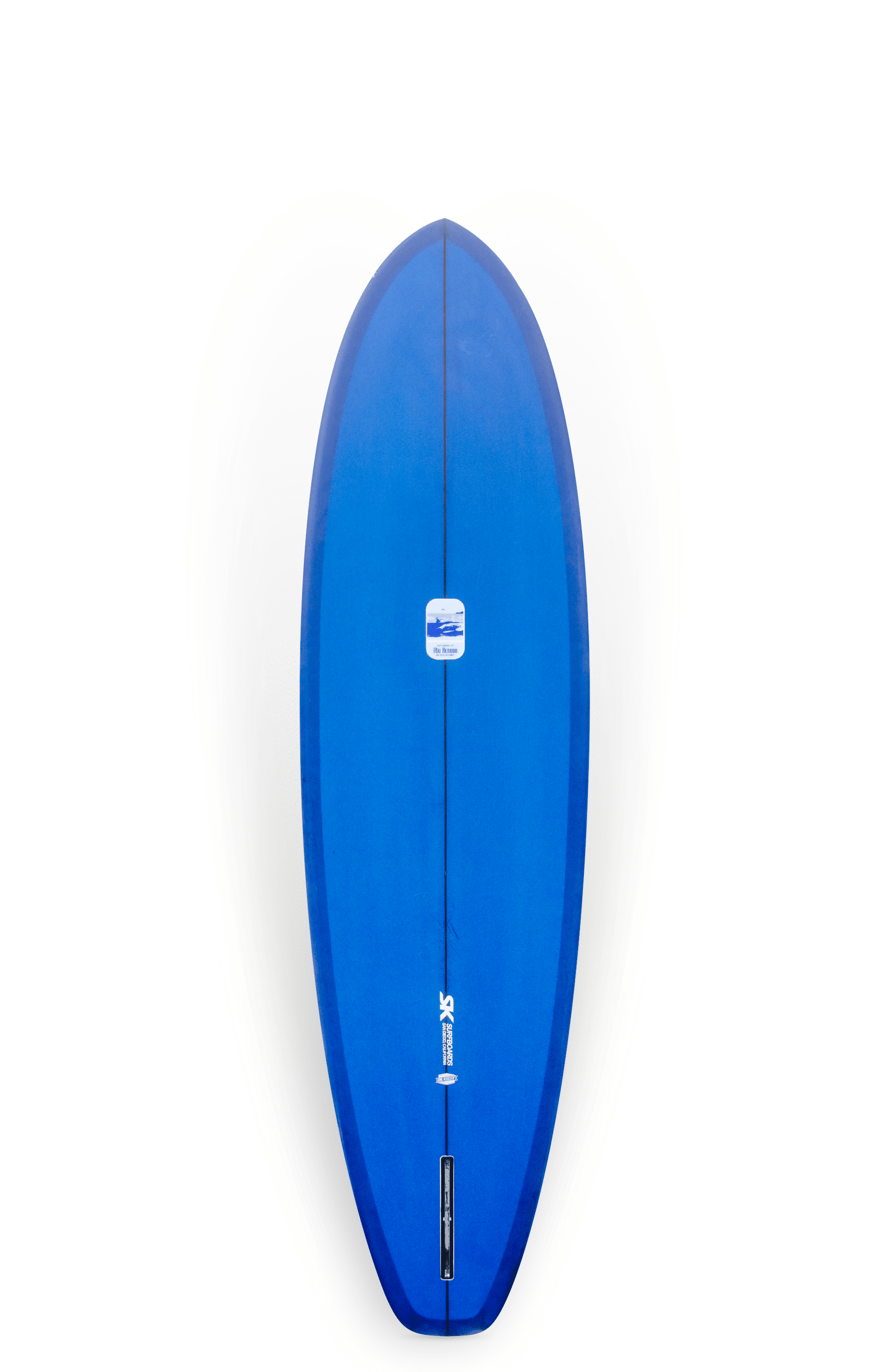 Shapers-Club- The Mind Machine surfboard measures 7'2" x 21' 3/4" x 3" and features a bright blue, elegant design, lightly textured with a smooth, rounded shape and a single fin slot. It is set against a plain white background. -surfshop-surfboard