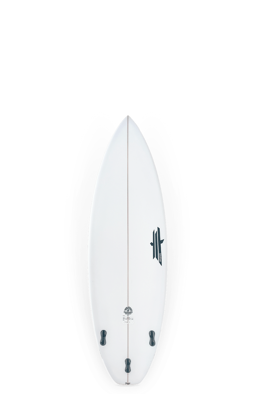 Shapers-Club- Une planche de surf Fire Arrow blanche moderne, avec des ailerons bleu foncé et le logo en haut à droite, se dresse verticalement sur un fond uni. Ce design élégant mesure 5'11 x 19 5/8 x 2 9/16 et dispose d'un volume de 30,5 L. -surfshop-surfboard