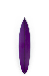 Shapers-Club- Une élégante planche de surf violette MV1 de Thomas Surfboards, dotée d'un bord blanc et d'un nez pointu, est présentée sur un fond clair. Mesurant 7'0x21x2 7/8, elle est idéale pour les surfeurs en quête de style et de performance. -surfshop-surfboard