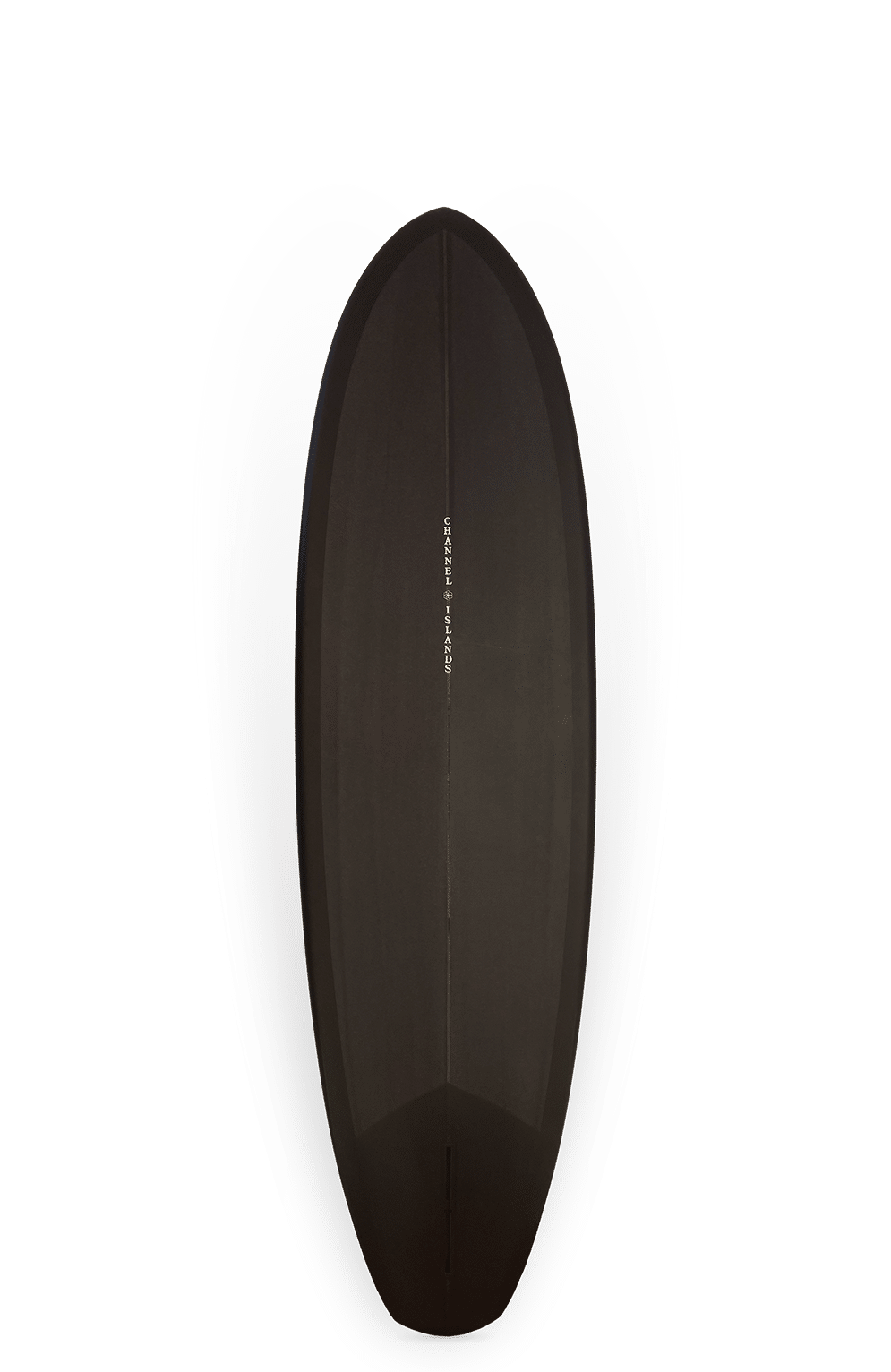 Shapers-Club- The Tri Plane Hull Single is a sleek, modern black surfboard with a 7'3" glossy, curved surface. Its symmetrical design features a center seam and subtle Tri Plane Hull influences, enhanced by soft lighting. -surfshop-surfboard