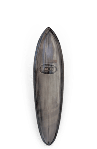 Shapers-Club- Un canot en bois au fini foncé, mesurant 6'8" x 21 1/4" x 2 3/4", est centré sur un fond blanc. Son intérieur et ses courbes douces sont visibles, mettant en valeur un savoir-faire similaire à la conception du PDX Twin. -surfshop-surfboard