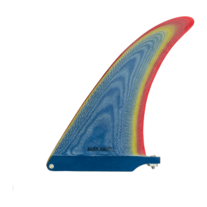 Shapers-Club- The Alex Knost Classic 9.5 surfboard fin features a colorful gradient design in shades of blue, yellow and red. It measures 9.5 inches, has a textured finish and includes a screw-in binding base inspired by Alex Knost's distinctive style. -surfshop-surfboard