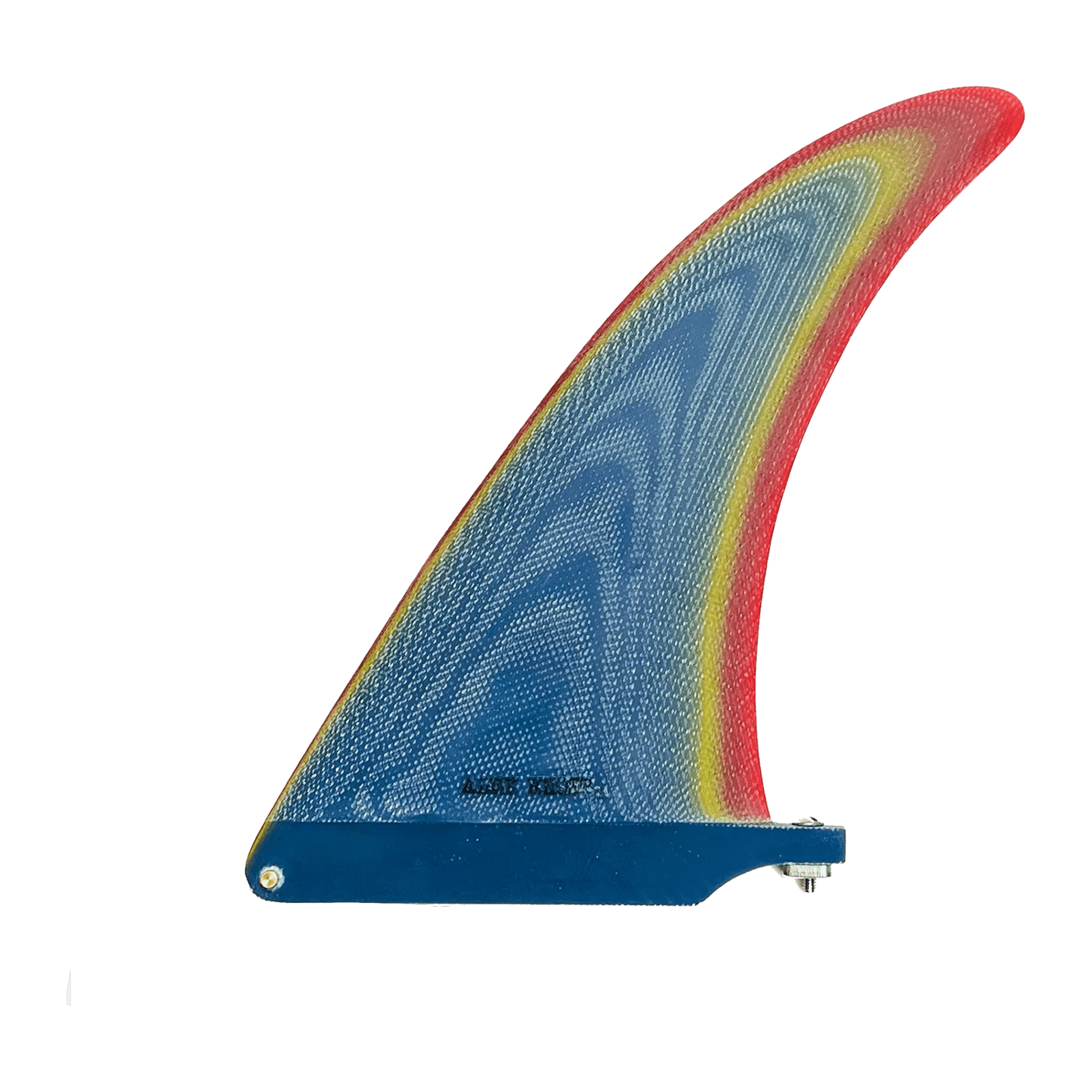 Shapers-Club- L'aileron de planche de surf Alex Knost Classic 9.5 présente un design dégradé coloré dans des tons bleu, jaune et rouge. Il mesure 9,5 pouces, a une finition texturée et comprend une base de fixation à vis inspirée du style distinctif d'Alex Knost. -surfshop-surfboard