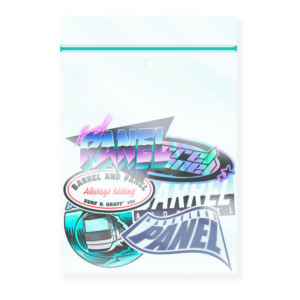 Shapers-Club- Une pochette blanche présente des motifs vibrants sur le thème du surf avec une marque et un texte colorés tels que « Barrel and Panel » et « Always Sliding », avec des graphismes dynamiques ressemblant à des autocollants. -surfshop-surfboard