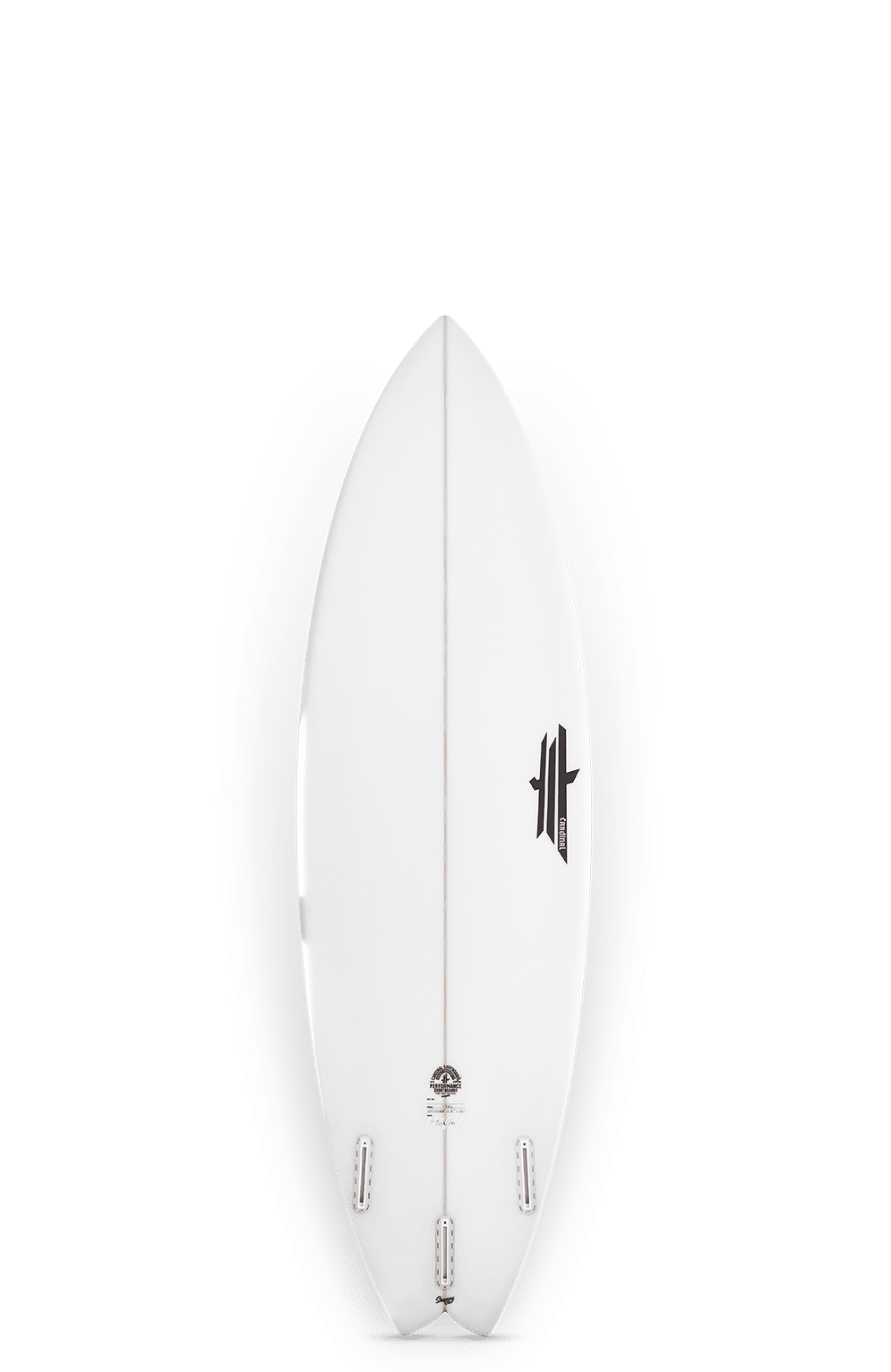 Shapers-Club- Aerial view of a white Workbreaker surfboard with two black stripes near the tail. With dimensions of 6'0" x 19 7/8" x 2 1/2" and a volume of 31L, it has two visible fins for agile riding. -surfshop-surfboard