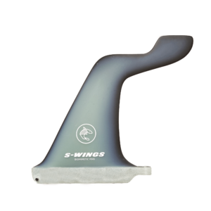 Shapers-Club- S-Wings gray single surf fin (US box) 6" SW600 (2+1) with unique curved upward extension. Marked "S-WINGS BIOMIMETIC FINS" with small fish logo above text. Base in US box. Transparent bottom. -surfshop-surfboard
