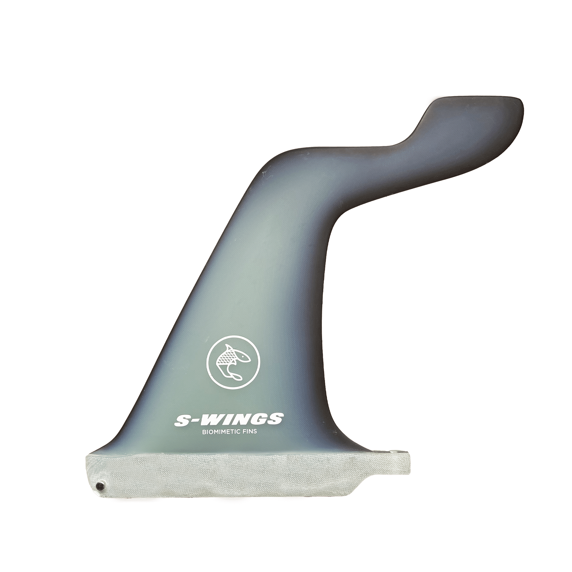 Shapers-Club- S-Wings gray single surf fin (US box) 6" SW600 (2+1) with unique curved upward extension. Marked "S-WINGS BIOMIMETIC FINS" with small fish logo above text. Base in US box. Transparent bottom. -surfshop-surfboard