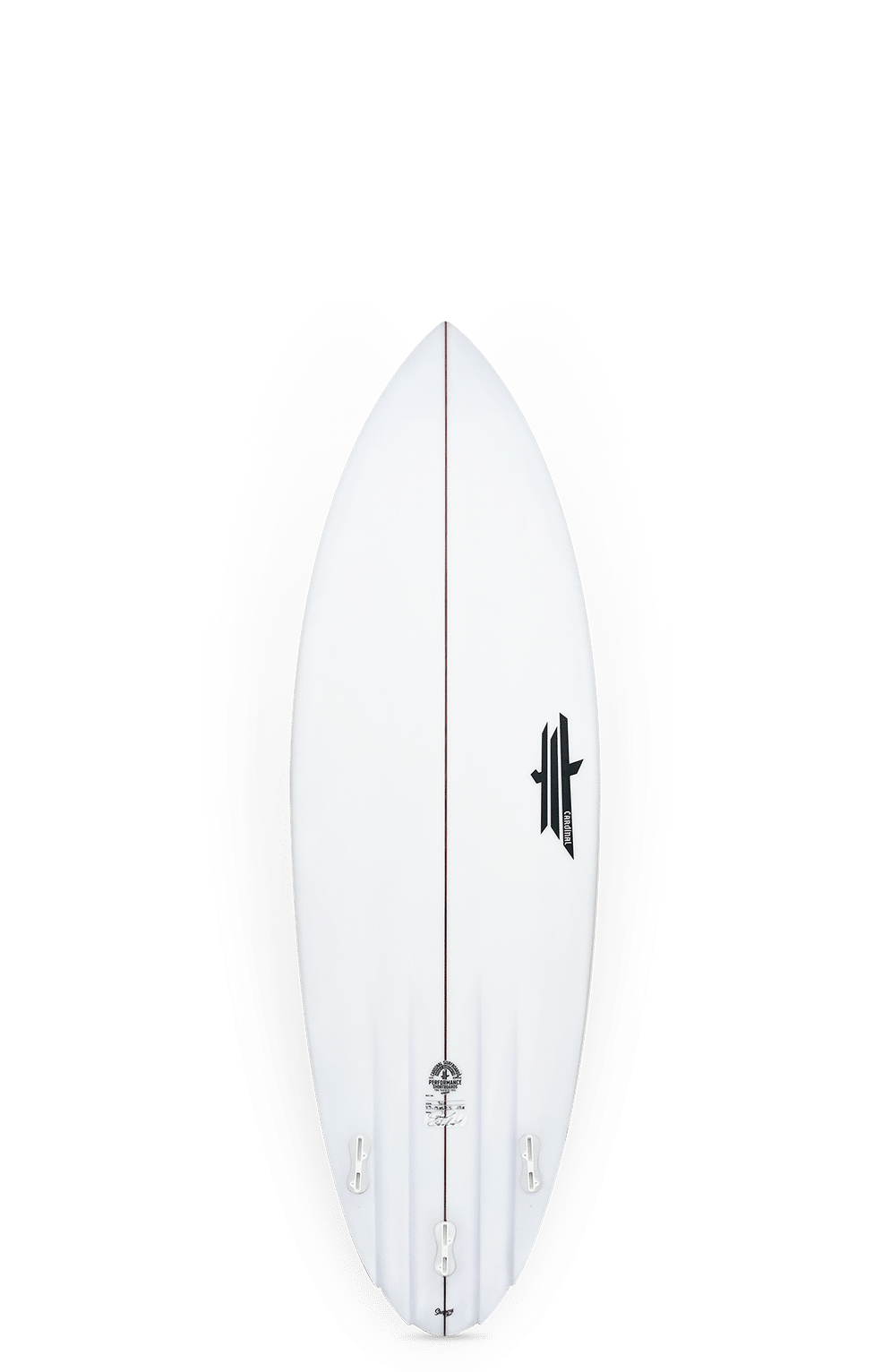 Shapers-Club- The Twin Perf Round Pin Channel surfboard, 5'9" x 19 7/8" x 2 1/2" (29,6L), is white with black fins and a black logo near the top center, shown vertically on a white background with a subtle shadow. -surfshop-surfboard