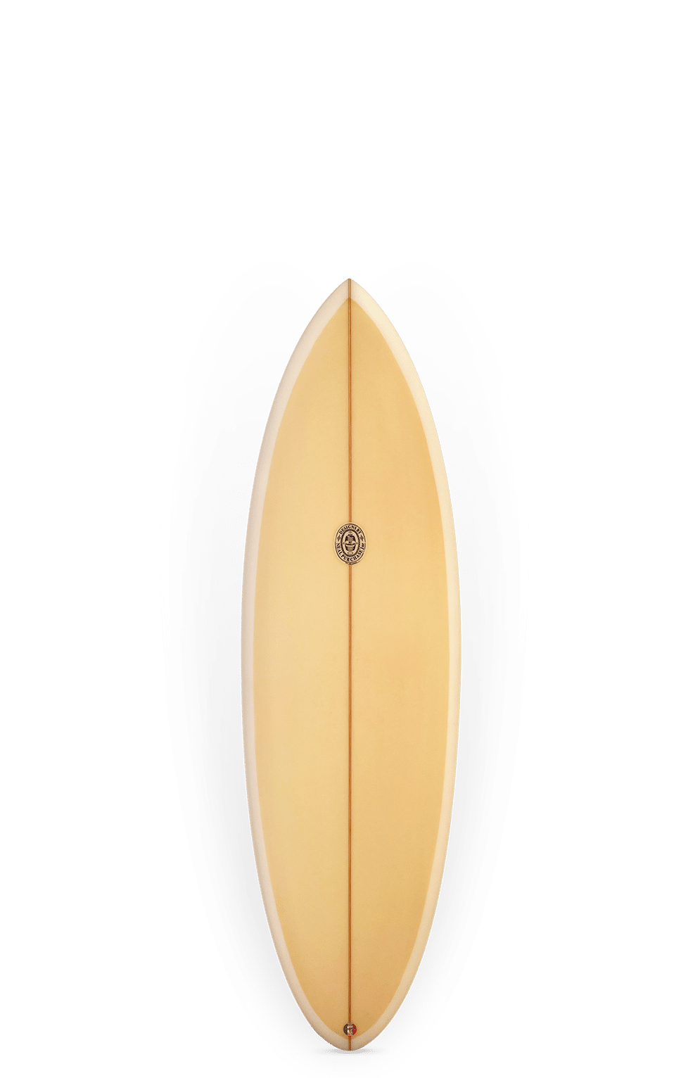 Shapers-Club- The Chippa Twin + 1 - 5'6" x 20" x 2 5/8" is a yellow surfboard with a white edge and a thin brown center stripe, displayed vertically on a plain background with subtle gray and black side shading. -surfshop-surfboard