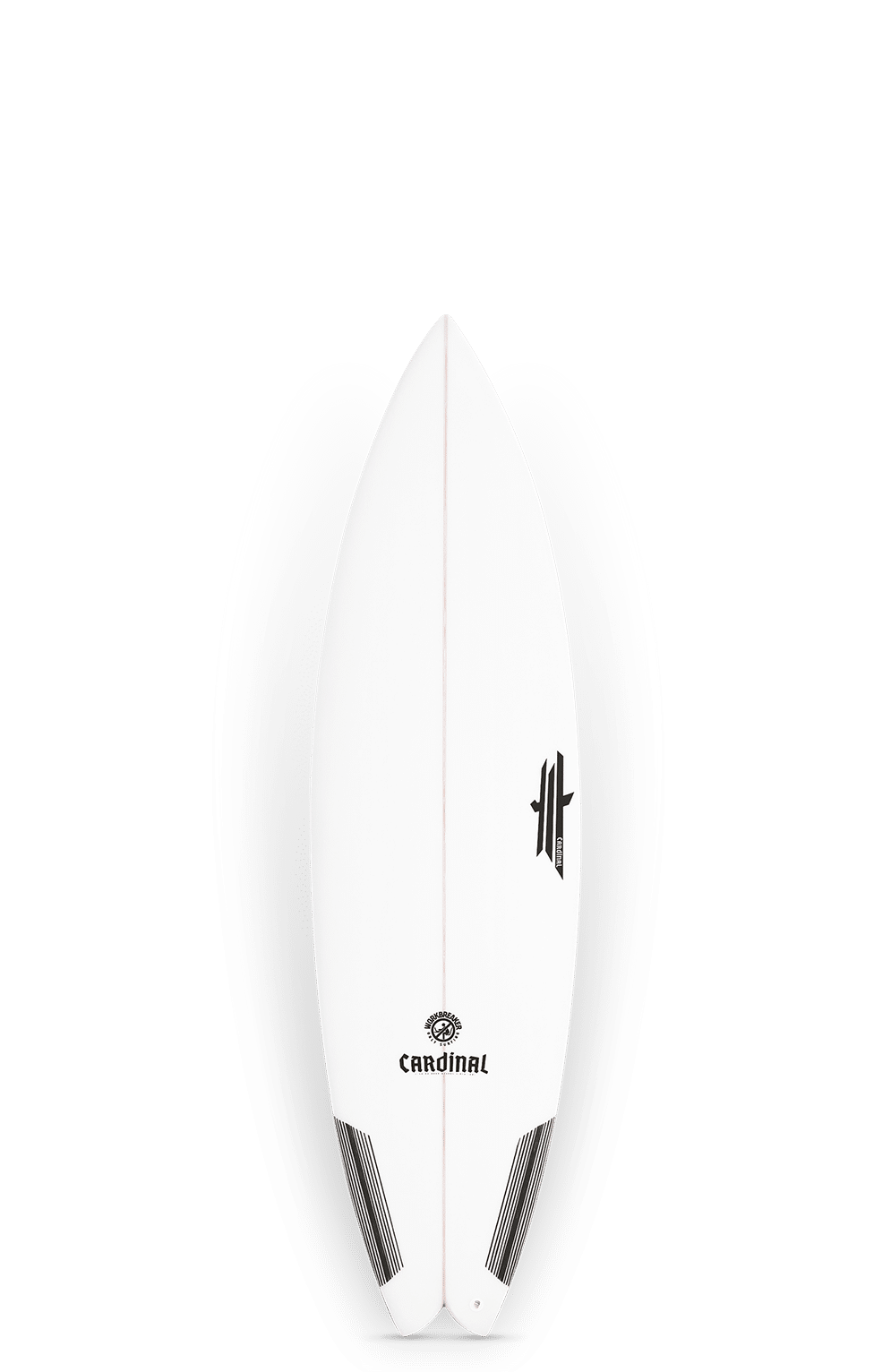 Shapers-Club- Image of the Workbreaker surfboard, white with black and gray edges and a small "Cardinal" logo near the nose. With its sleek design and 31 L capacity, it's perfect for surf enthusiasts looking for optimum performance. Dimensions: 6'0" x 19 7/8" x 2 1/2". -surfshop-surfboard