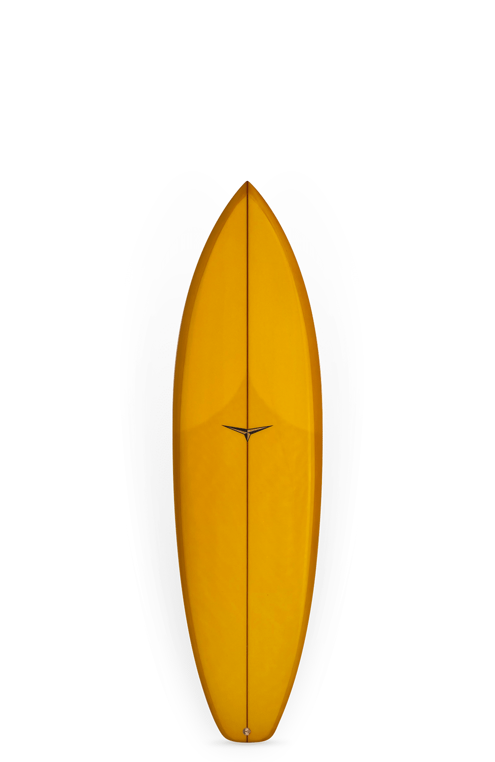 Shapers-Club- Une planche de surf Mod Thruster - 6'4" x 20" x 2 1/2" de couleur jaune vif se dresse entre des formes abstraites en forme d'ailes noires et grises, le tout sur un fond vert uni. -surfshop-surfboard