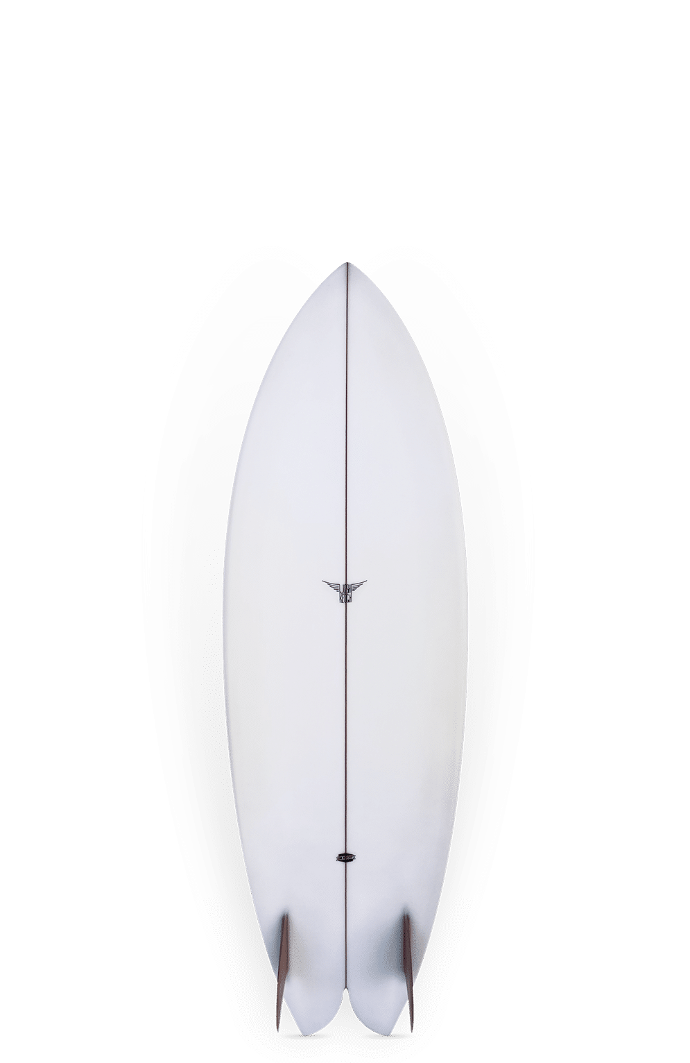 Shapers-Club- La planche de surf Monad - 5'8" x 19 1/2" x 2 1/2", blanche avec une pointe pointue et deux ailerons en bois, se dresse debout sur un fond uni, projetant de subtiles ombres grises - un design intemporel. -surfshop-surfboard