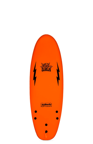Shapers-Club- Une planche de surf Softech orange vif avec le graphisme « Goblin » avec des éclairs noirs, une configuration à quatre ailerons et une capacité de 41 L pour des performances optimales. -surfshop-surfboard