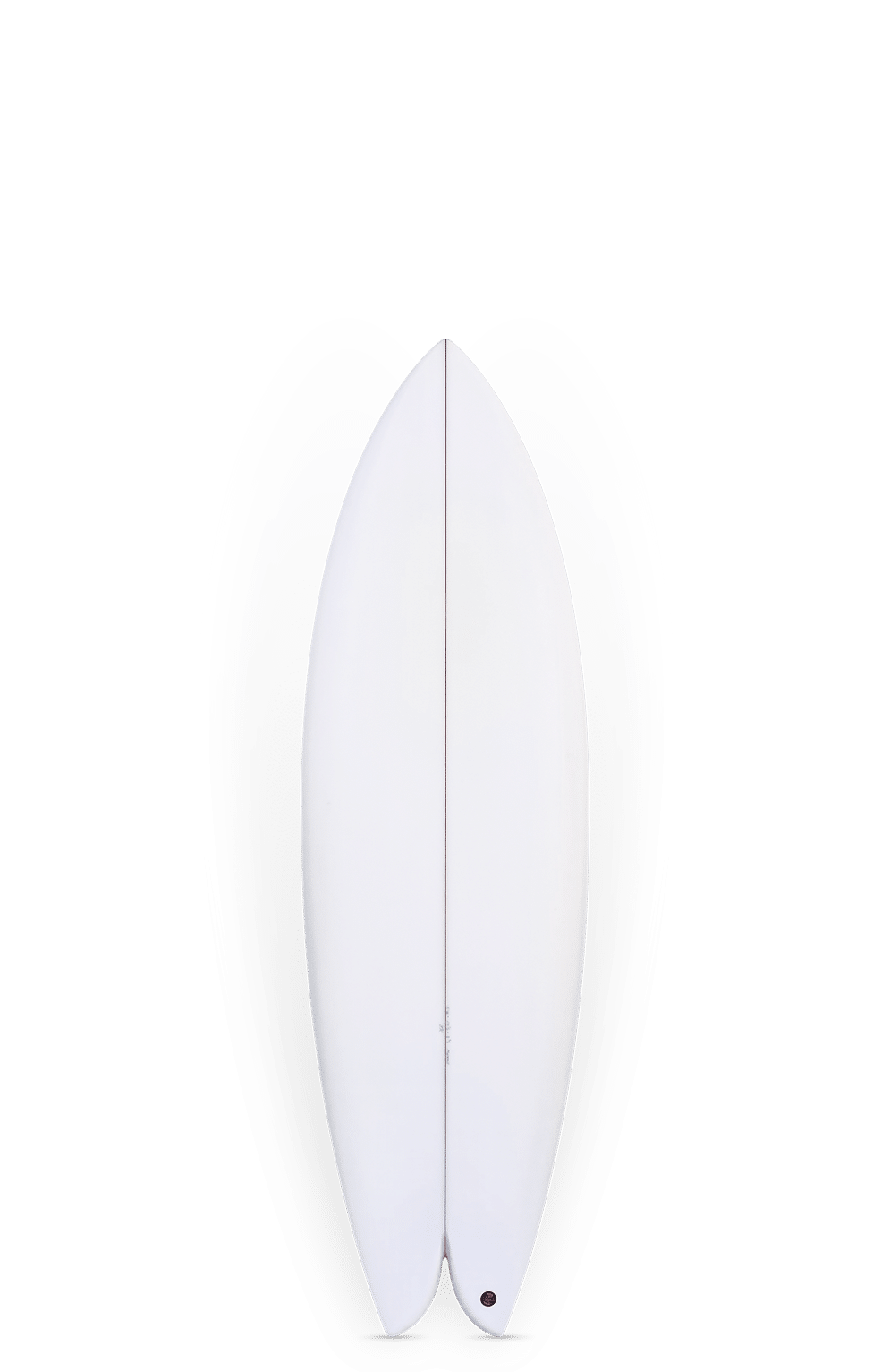 Shapers-Club- Une planche de surf Monad élégante et moderne de 5'8" x 19 1/2" x 2 1/2" avec une finition miroir métallique et des côtés incurvés symétriques, ressemblant à un design futuriste, sur un fond transparent. -surfshop-surfboard