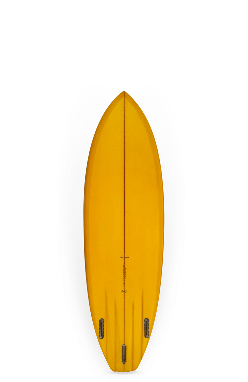 Shapers-Club- Une planche de surf Mod Thruster - 6'4" x 20" x 2 1/2" en jaune se tient debout avec trois ailerons noirs, projetant une faible ombre noire et grise ou un reflet derrière elle sur un fond uni. -surfshop-surfboard