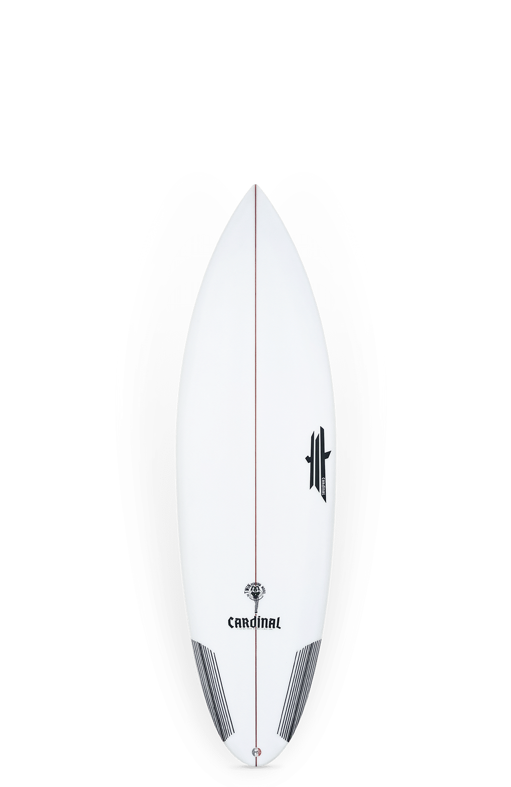 Shapers-Club- A white Twin Perf Round Pin Channel surfboard (5'9" x 19 7/8" x 2 1/2", 29,6L) with a pointed nose, subtle black graphics and "CARDINAL" near the tail, is displayed vertically on a plain background. -surfshop-surfboard