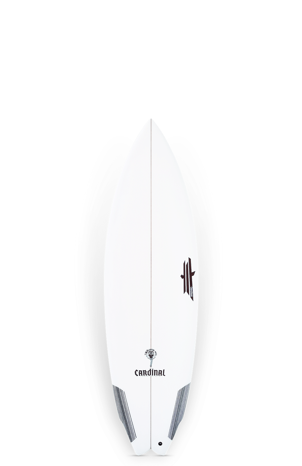 Shapers-Club- La planche de surf « Twin Perf Baby Channel », mesurant 5'7" x 20" x 2 7/16" avec un volume de 28,7L, présente un design blanc élégant avec des accents latéraux noirs, un petit logo et le mot "CARDINAL". Ses ailerons visibles rehaussent son profil remarquable dans les dimensions d'une planche de surf. -surfshop-surfboard