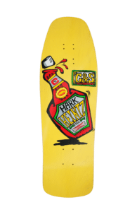 Shapers-Club- La riedizione del deck Gordon & Smith Mark Heinztman Ketchup Bottle - Yellow (UK) presenta un deck giallo brillante con una grafica colorata di una bottiglia di ketchup etichettata «Mark Heinztman» e il logo G&S, una riedizione classica dello skateboard. -surfshop-surfboard