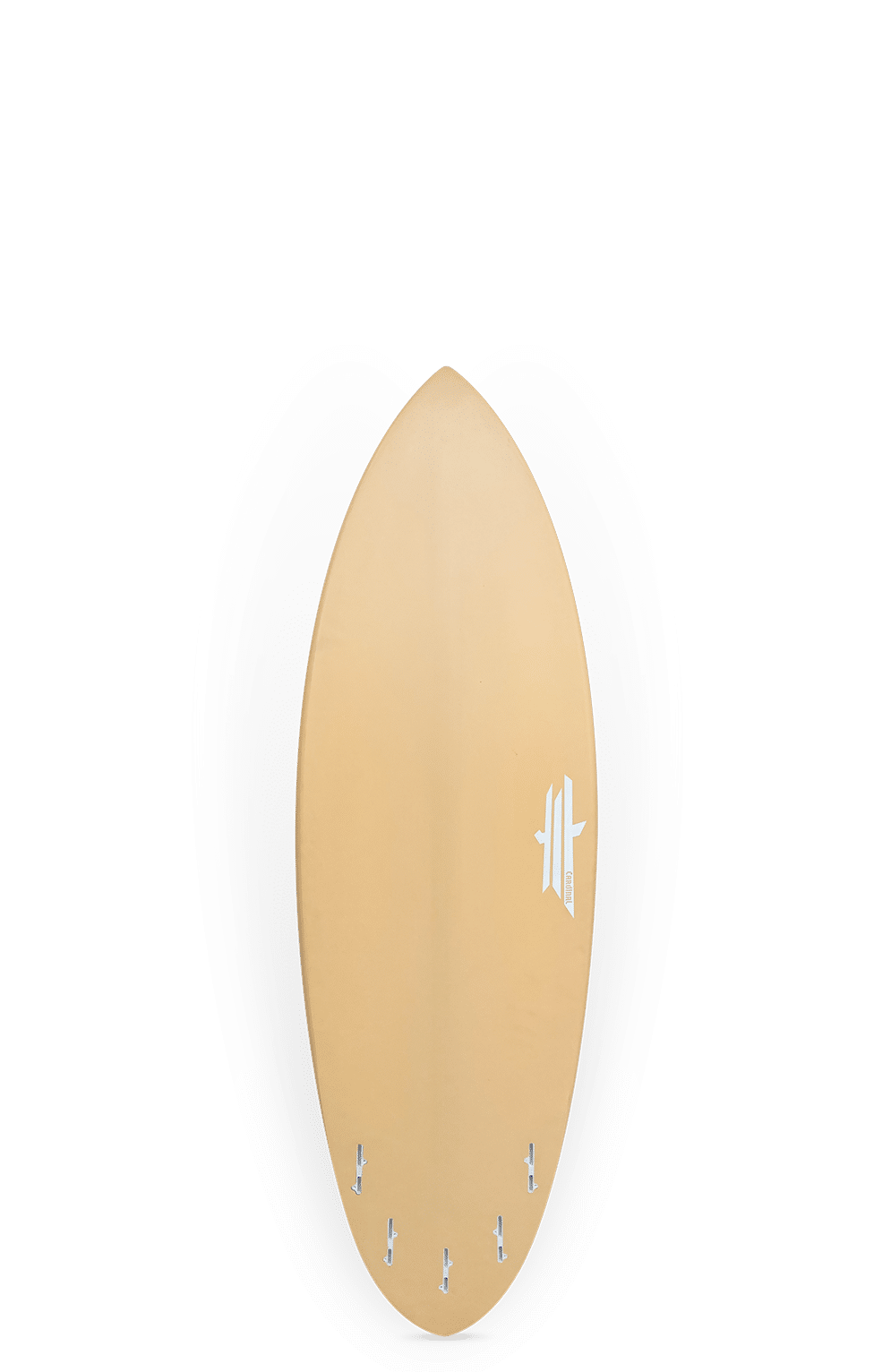 Shapers-Club- The iconic Spin Tech surfboard - 5'5" x 19 3/4" x 2 7/16" - stands tall with a pointed nose, several fins and a white logo on the upper right side, against a plain background. -surfshop-surfboard